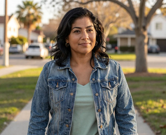 Latina woman walking in a park as an everyday serious dating profile example