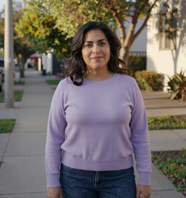 Latina woman in a neighborhood profile scene showing privacy-minded online dating after 45