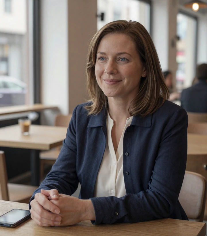 Woman in a calm coffee shop profile preview for a secure dating platform focused on privacy
