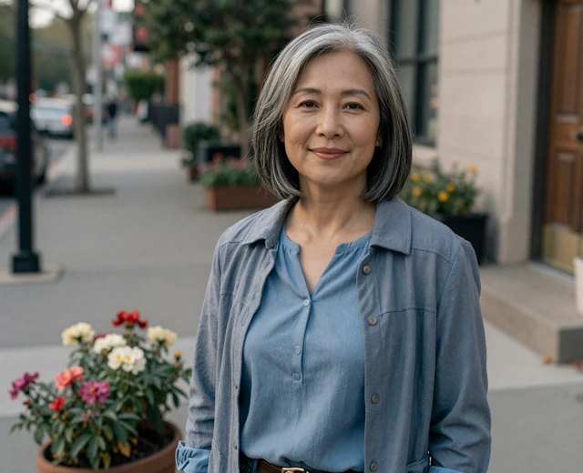 Asian American woman on a city walk showing a realistic SendBerly dating profile